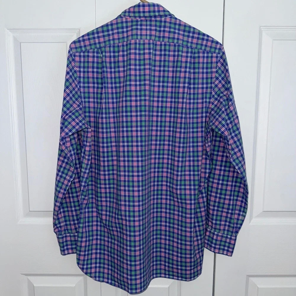 Polo Ralph Lauren Mens Medium Blue Green Pink Plaid‎ Cotton Stretch Shirt M